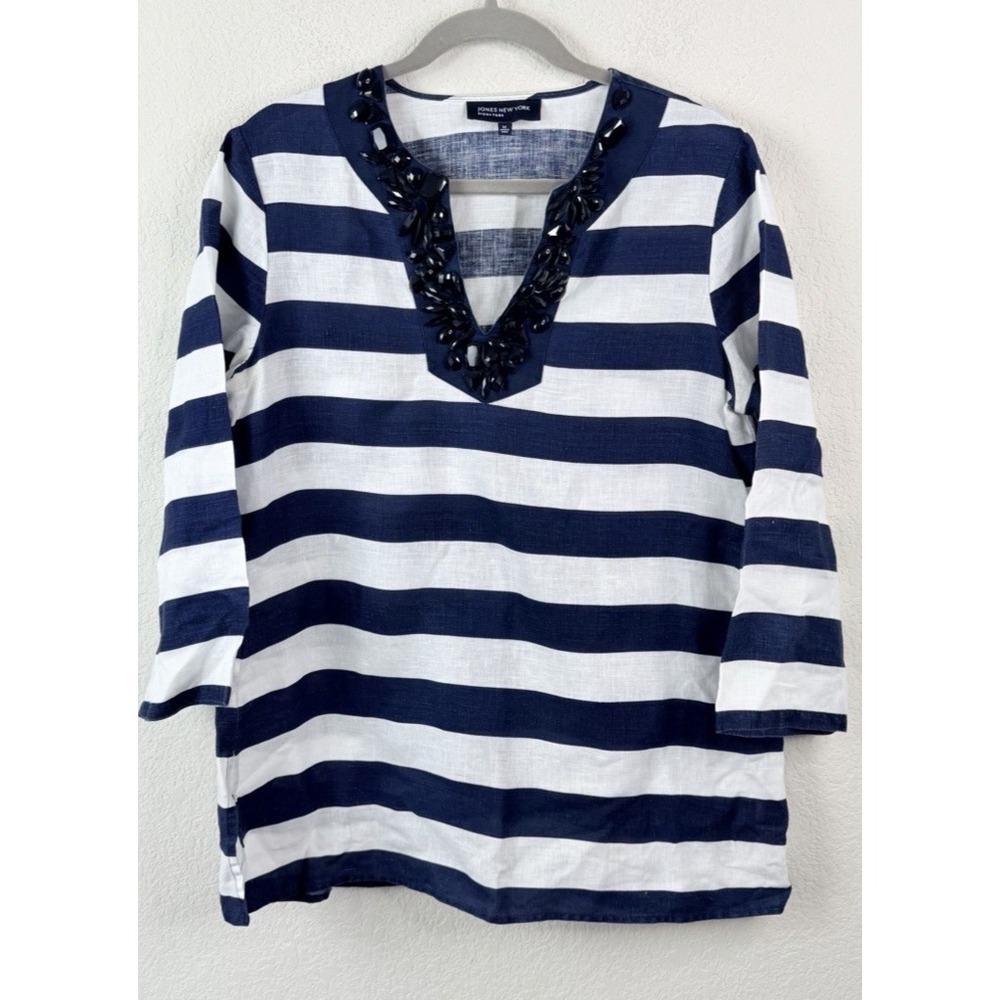 Jones New York 100% Linen Tunic M Navy White Striped Embellished Nautical